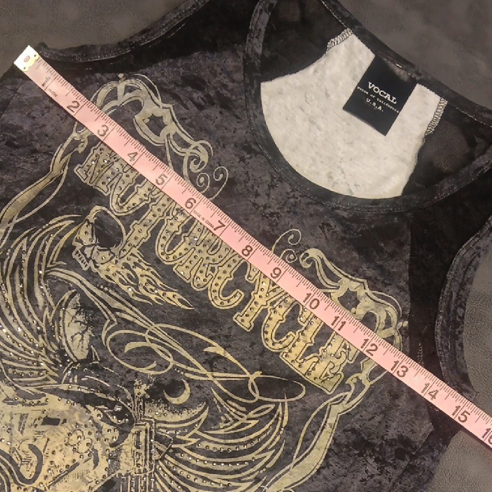 NEW! Vocal Motorcycle Charcoal Graphic Tank Top With Lace Details & Embellished - Picture 11 of 13